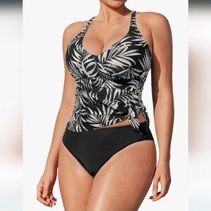 Black and White Tropical Two-Piece Swimsuit